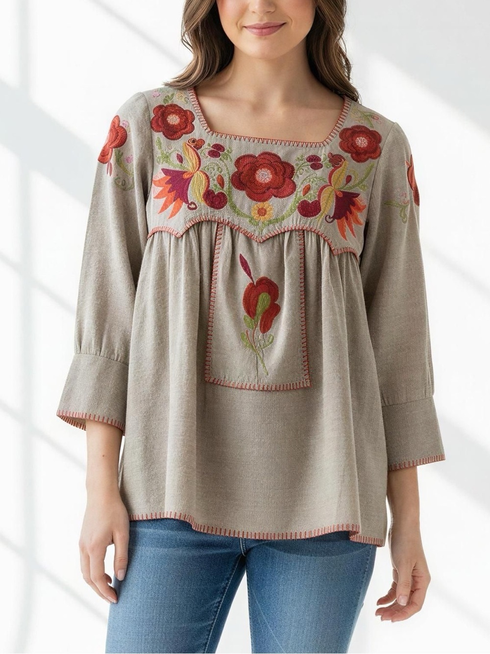 Sister Mary Beige Embroidered Floral Peasant Tunic 3/4 Sleeves